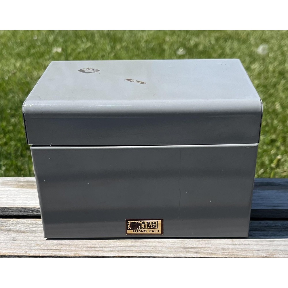 Vintage Flash Ling Gray Steel Index Card File Box Hinged Lid USA Heavyweight